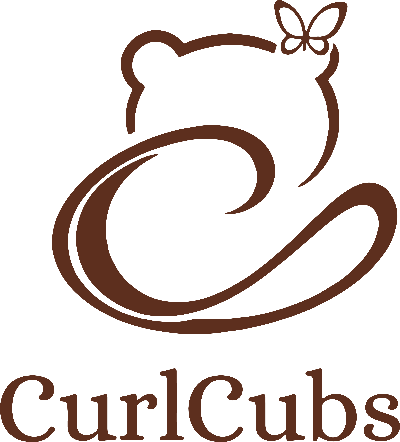 Brown CurlCubs logo featuring a stylized bear head and bow with the brand name CurlCubs below on a white background.